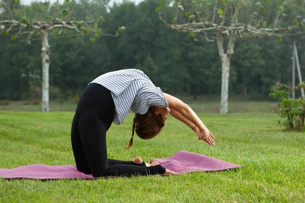 Jeune belle femme faisant de l'exercice de yoga dans un parc vert. Style de vie sain et concept de fitness . — Photo