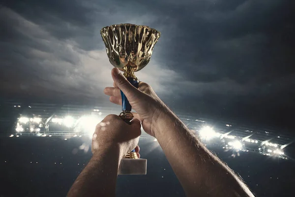 Prix de la victoire, mains masculines serrant la coupe des gagnants contre ciel sombre nuageux — Photo