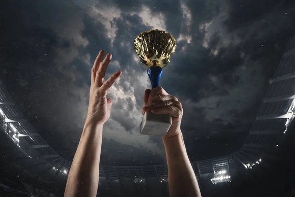 Prix de la victoire, mains masculines serrant la coupe des gagnants contre ciel sombre nuageux — Photo
