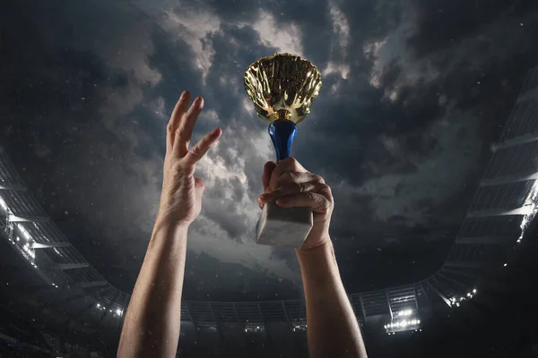 Award of victory, male hands tightening the cup of winners against cloudy dark sky