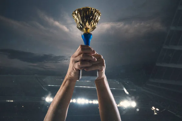 Award of victory, male hands tightening the cup of winners against cloudy dark sky