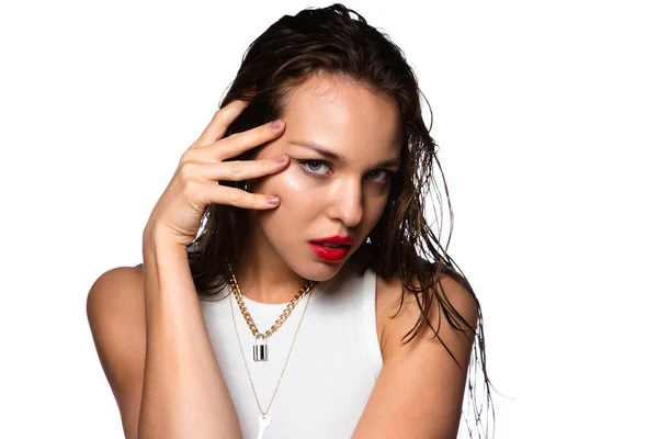 Portrait de belle femme élégante isolée sur fond de studio blanc — Photo