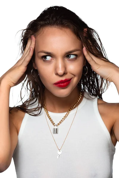 Retrato de hermosa mujer elegante aislado en fondo blanco estudio —  Fotos de Stock