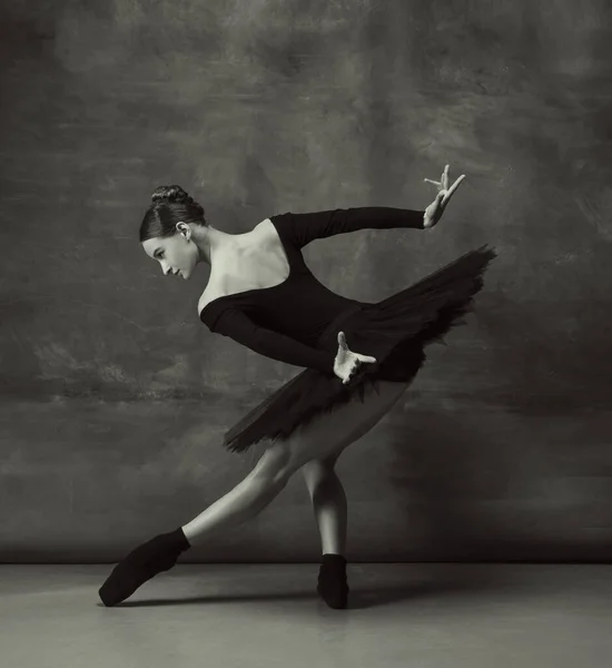 Joven elegante bailarina tierna sobre fondo oscuro estudio — Foto de Stock