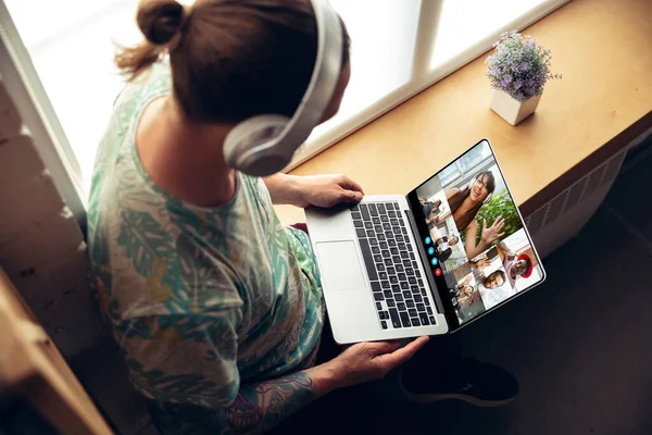 Man participate video conference looking at laptop screen during virtual meeting, videocall webcam app for business, close up — Stock Photo, Image