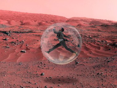 İnsanların Mars 'ta yaşadığını hayal edin. Terk edilmiş bir gezegenin manzarasını kapatın, Mars 'taki yaşamın güzelliğini..