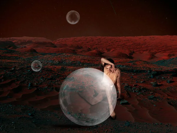 Képzeld el, hogy emberek élnek a Marson. Közelkép egy elhagyatott bolygóról, az élet szépségéről a Marson. — Stock Fotó