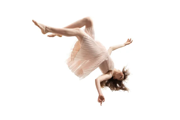 Mid-air beauty. Full length studio shot of attractive young woman hovering in air and keeping eyes closed — Stock Photo, Image