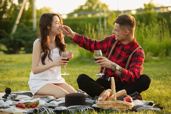 Kaukasisch jong en gelukkig koppel genieten van een picknick in het park op zomerdag — Stockfoto