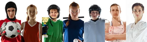 Portrait of athletes on white studio background, creative collage — Stock Photo, Image