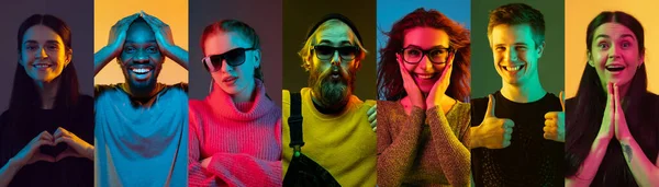 Portrét lidí na pestrobarevném ateliérovém pozadí, kreativní koláž — Stock fotografie