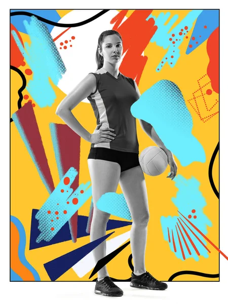 만화 스타일로 다채 로운 그림을 그리며 포즈를 취하는 젊은 여성 배구 선수 — 스톡 사진