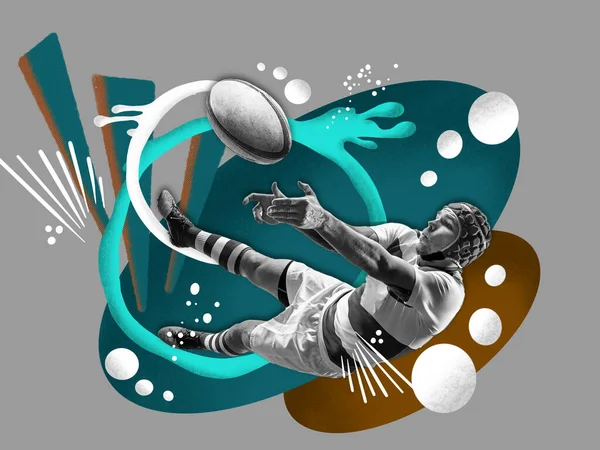 Young male rugby player with colourful art drawings in comics style — Stock Photo, Image