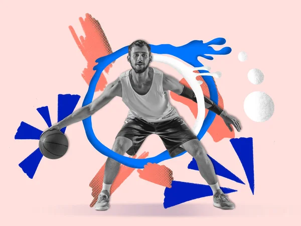 Jovem jogador de basquete masculino com desenhos de arte coloridos em estilo quadrinhos — Fotografia de Stock