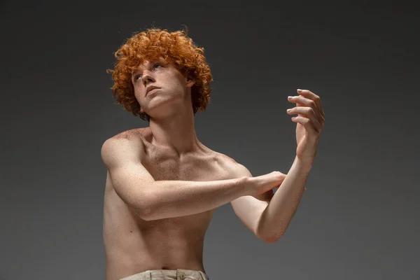 Portrait of beautiful redhead man isolated on grey studio background. Concept of beauty, skin care, fashion and style — Stock Photo, Image