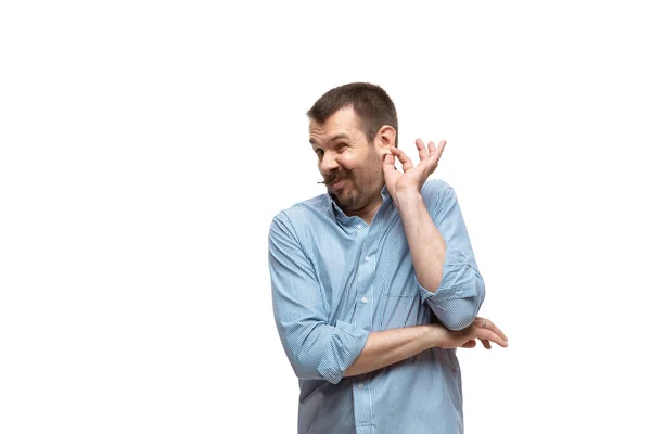 Young caucasian man with funny, unusual popular emotions and gestures isolated on white studio background — Stock Photo, Image