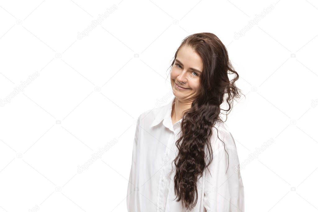 Young caucasian woman with funny, unusual popular emotions and gestures isolated on white studio background
