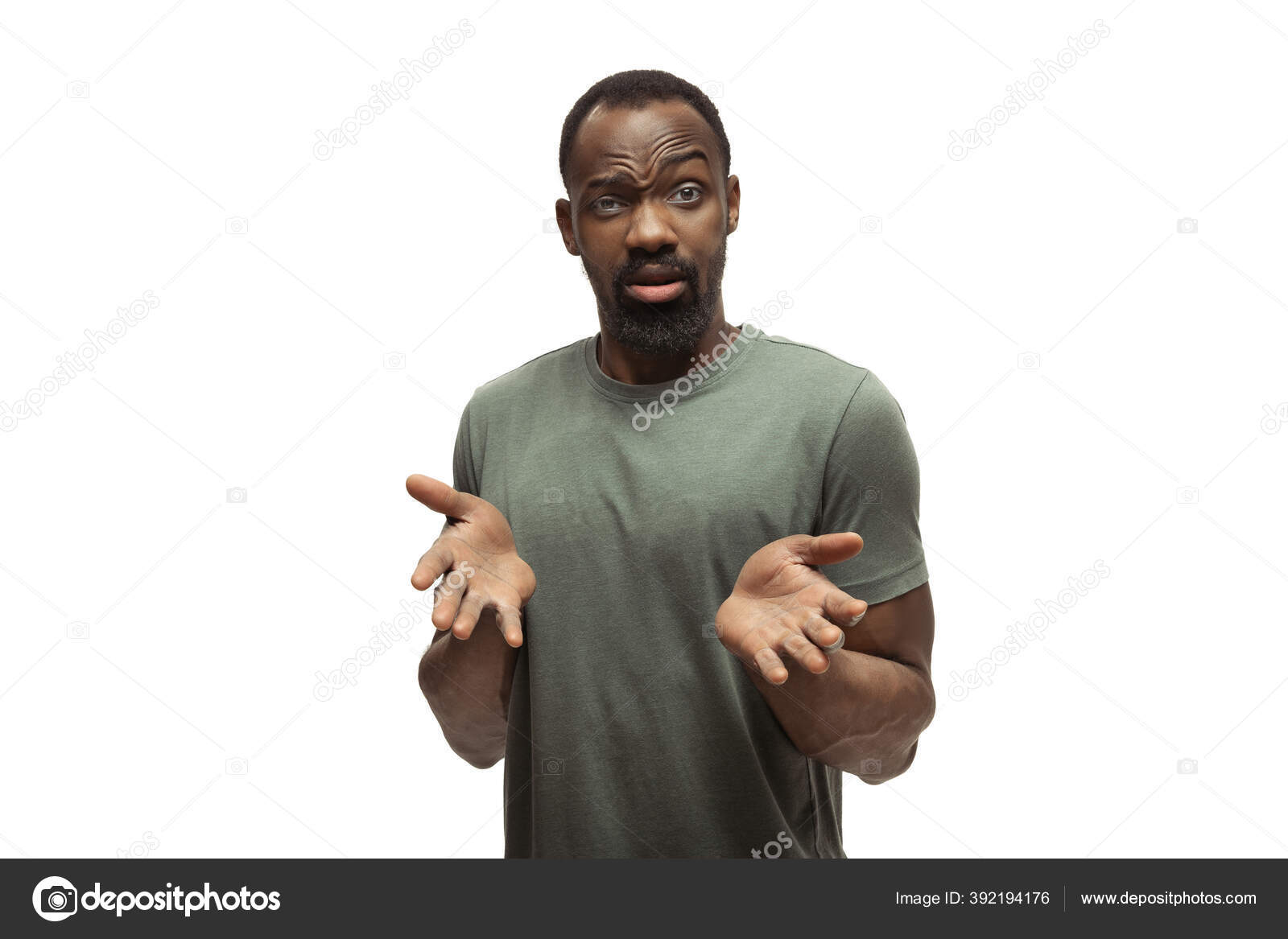 面白いと若いアフリカ系アメリカ人の男,白いスタジオの背景に隔離された異常な人気の感情やジェスチャー — ストック写真 ©  vova130555@gmail.com #392194176, image size:1600x1167