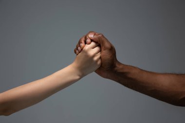 Irksal hoşgörü. Sosyal birliğe saygı göster. Gri stüdyo arka planında izole edilmiş Afrikalı ve beyaz eller.