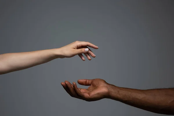 Tolerância racial. Respeitar a unidade social. Africano e caucasiano mãos gesticulando isolado em fundo estúdio cinza — Fotografia de Stock