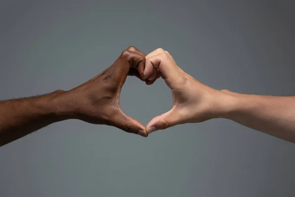 Tolérance raciale. Respecter l'unité sociale. Des mains africaines et caucasiennes gesticulant isolées sur fond de studio gris — Photo