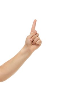 Beyaz stüdyo arka planında izole edilmiş çocuk eli ve el hareketi.