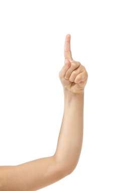 Beyaz stüdyo arka planında izole edilmiş çocuk eli ve el hareketi.