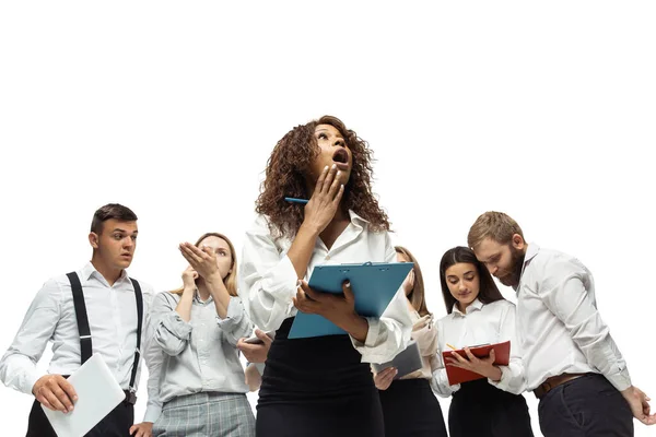 Nervous tensioned investors analyzing crisis stock market with charts on screen of their gadgets — Stock Photo, Image