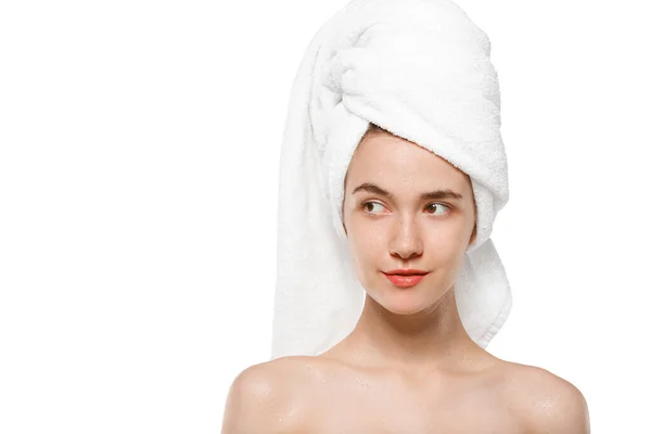 Beauty Day. Woman wearing towel doing her daily skincare routine isolated on white studio background — Stock Photo, Image