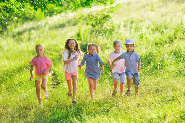Kinder, Kinder, die im Sommer auf der Wiese laufen — Stockfoto