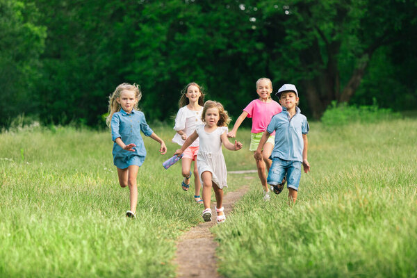Kids, children running on meadow in summers sunlight