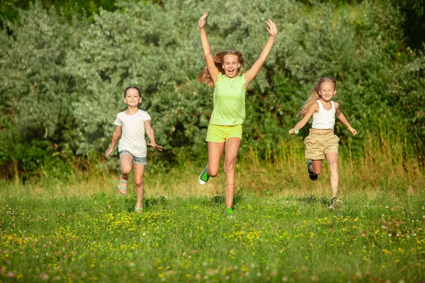 Дети, дети, бегущие по лугу летом на солнце — стоковое фото