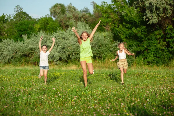 Barn, barn springer på ängen på somrarna solljus — Stockfoto