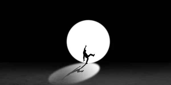 Silhouette of man walking in the night toward the light, view from above — Stock Photo, Image