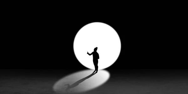 Silhouette of man walking in the night toward the light, view from above — Stock Photo, Image