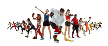 Beyaz arka planda izole edilmiş profesyonel sporcu ya da oyuncuların spor kolajı