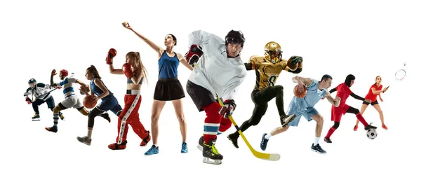 Collage deportivo de atletas profesionales o jugadores aislados sobre fondo blanco, volante — Foto de Stock