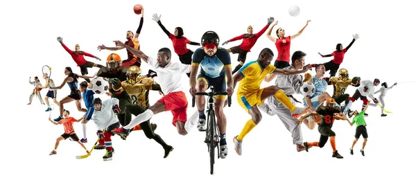 Sport collage van professionele atleten of spelers geïsoleerd op witte achtergrond, flyer — Stockfoto