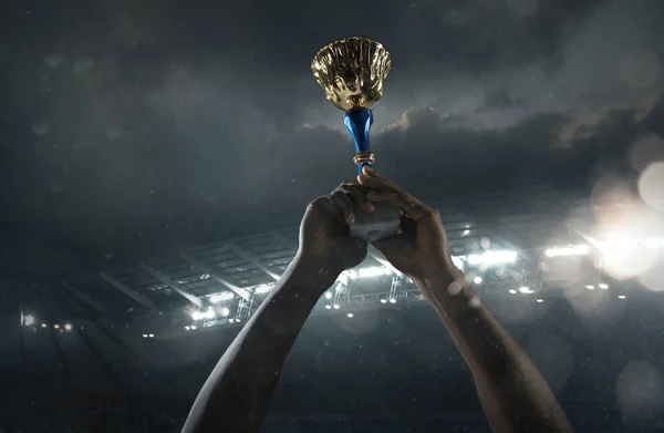 Award of victory, male hands tightening the cup of winners against cloudy dark sky — Stock Photo, Image