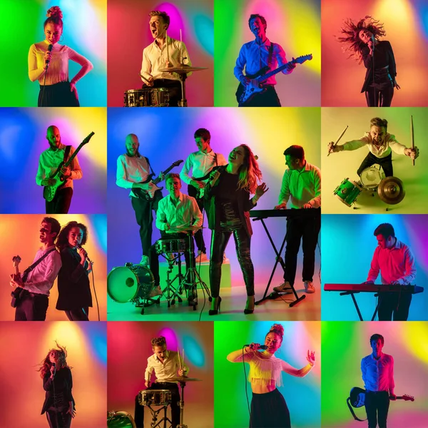 Collage von Porträts junger Musiker vor buntem Hintergrund in Neon — Stockfoto