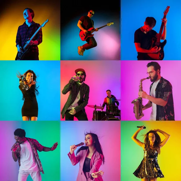 Collage of portraits of young musicians on multicolored background in neon