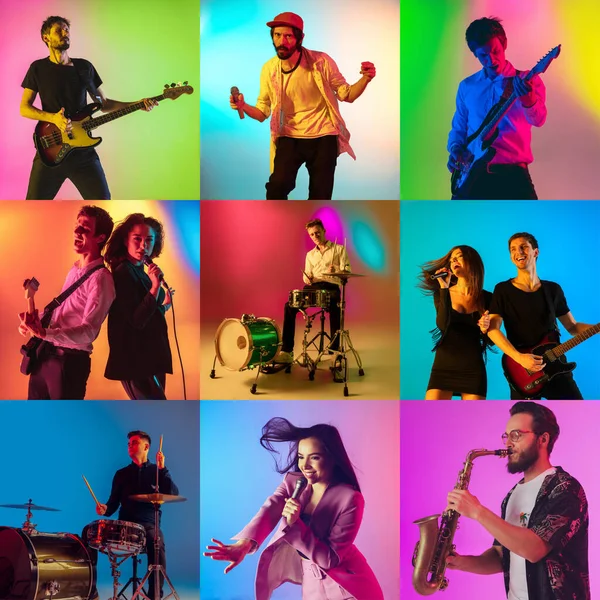 Collage of portraits of young musicians on multicolored background in neon