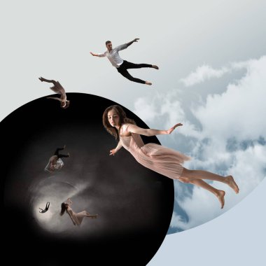 Orta hava güzelliği. Çekici genç kadın ve adamın havada süzülürken ve gözlerini kapalı tutarken tam boy stüdyo çekimi.