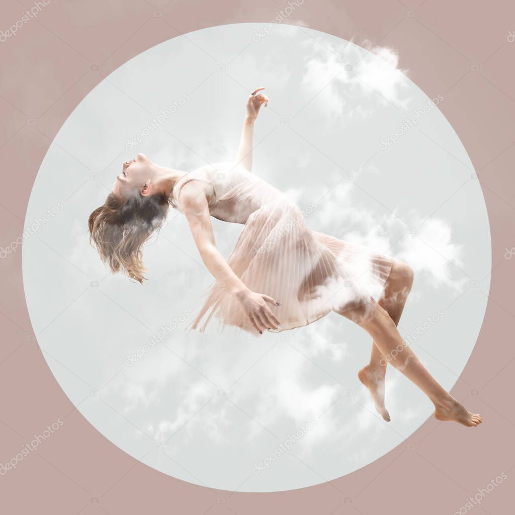 Mid-air beauty. Full length studio shot of attractive young woman hovering in air and keeping eyes closed
