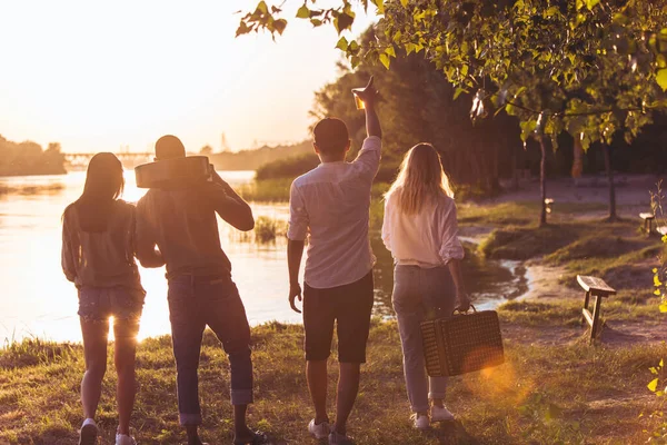 Bir grup arkadaş plajda piknik yaparken aşağı iniyor. Yaşam tarzı, arkadaşlık, eğlence, haftasonu ve dinlenme konsepti..