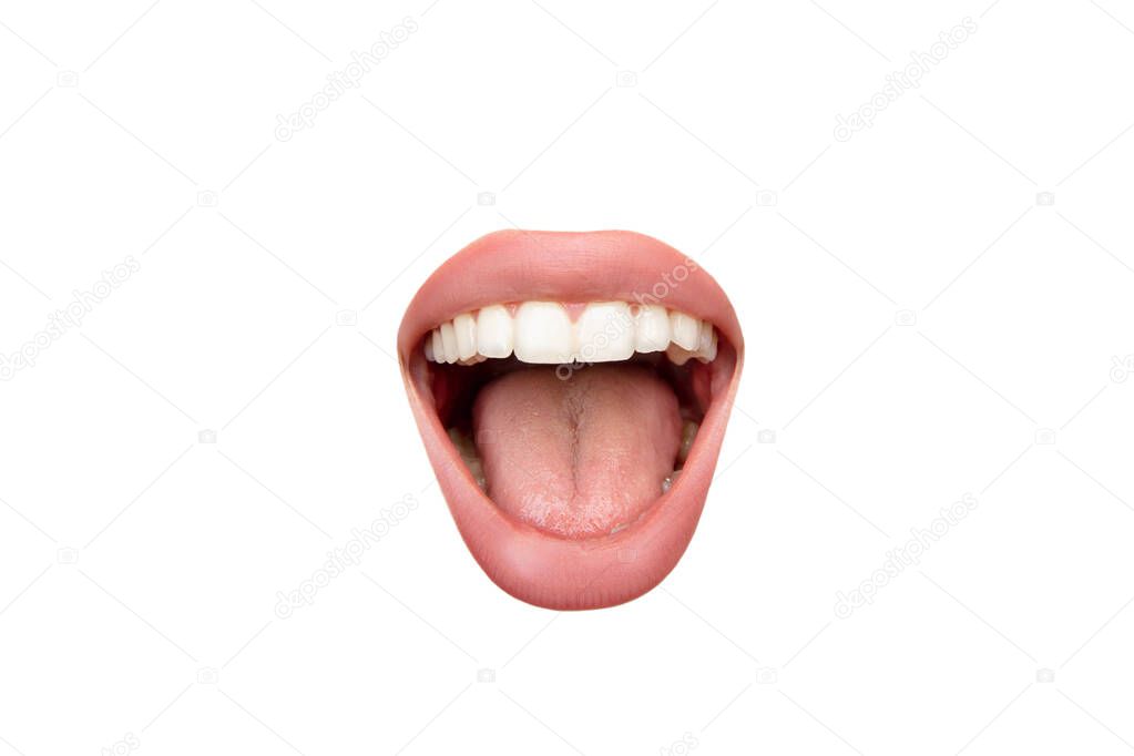 Close up view of female mouth wearing nude lipstick isolated over white studio background