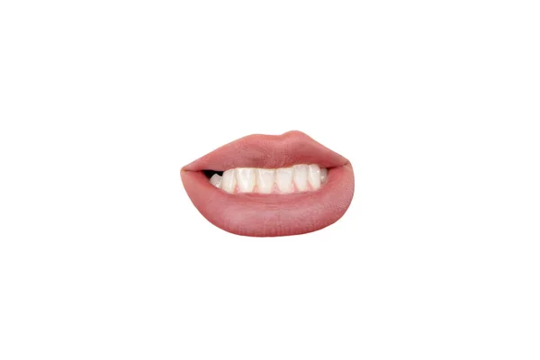 Close up view of female mouth wearing nude lipstick isolated over white studio background — Stock Photo, Image