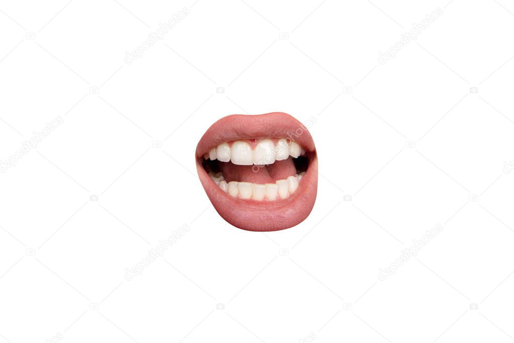 Close up view of female mouth wearing nude lipstick isolated over white studio background