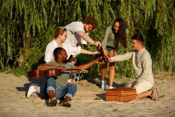 Group of friends clinking beer glasses during picnic at the beach. Lifestyle, friendship, having fun, weekend and resting concept. — Stock Photo, Image