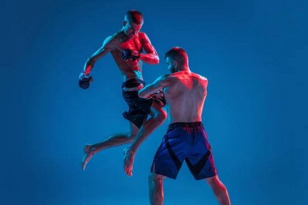 MMA. Two professional fighters punching or boxing isolated on blue studio background in neon — Stock Photo, Image